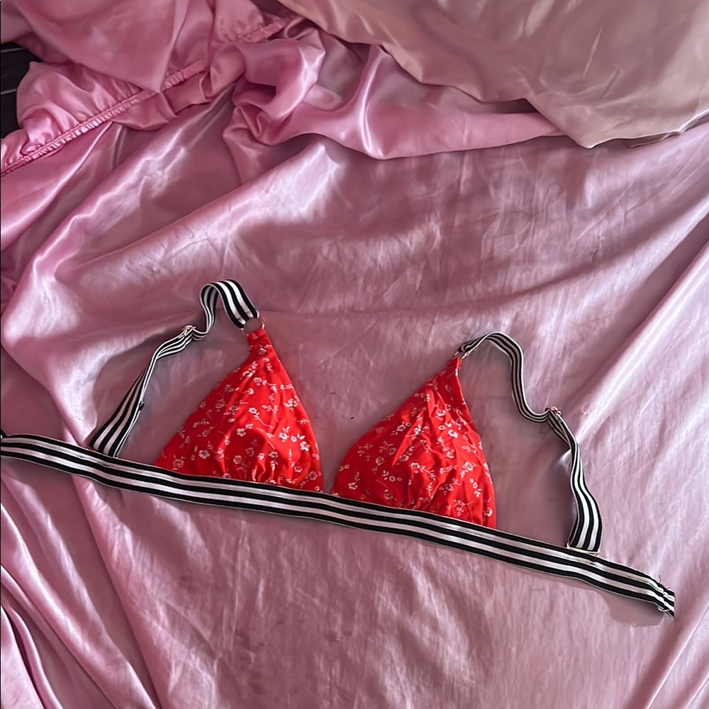 Red Floral Bikini Top with Striped Straps
